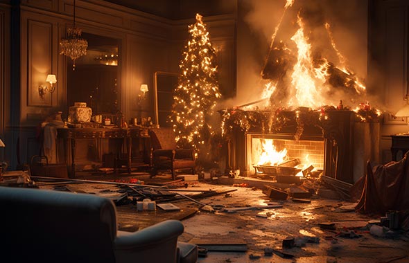 Feuer und Wohnungsbrand durch Kamin, offenes Feuer und Kerzen am Weihnachtsbaum