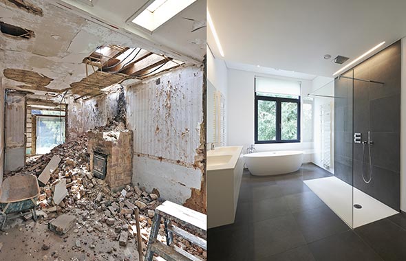 Professionelle Sanierungsarbeiten Badezimmer. Vorher / Nachher Bild einer Brand- und Wasserschadensanierung